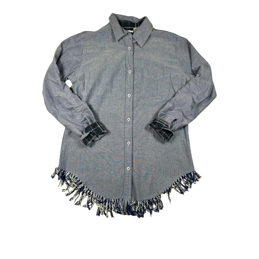 Tizzie Button Up Shirt Womens M Frayed Hem Cotton Blue Casual Fringe Long Sleeve